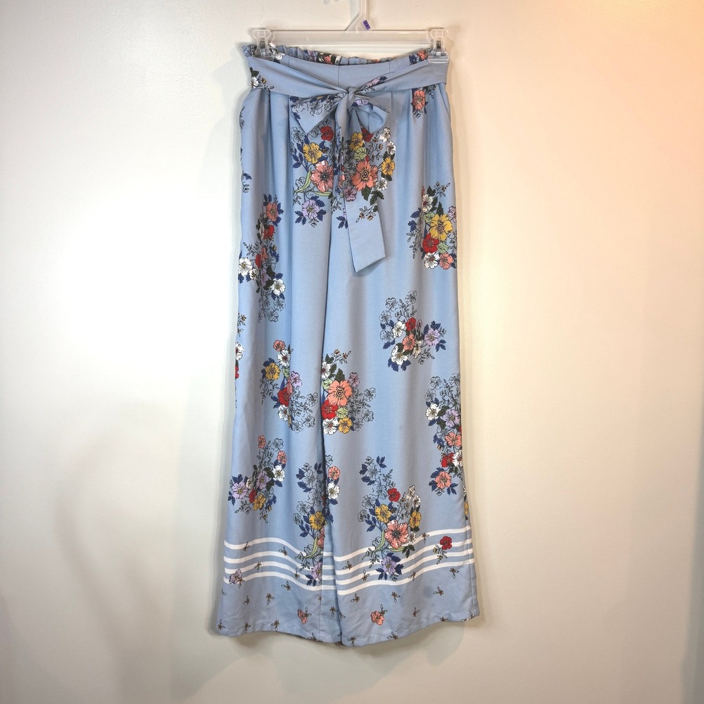 Ophelia Rose Floral Wide Leg‎ Palazzo Pants With Tie Waist Blue Women's Size Med